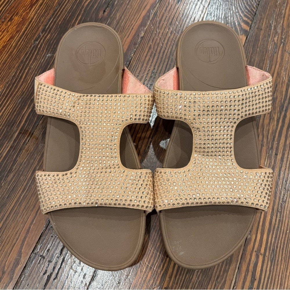 Fitflop Rhinestone Marli Slide Sandal Beige Vintage Gold Women’s Size 9
